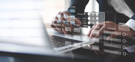 Business developer using Kanban board framework on laptop computer. Agile software development lean project management tool for fast changes, project management concept