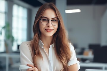 Wall Mural - Portrait of smiling  businesswoman in the office looking at the camera. Young entrepreneur. Generative AI