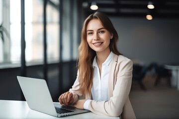 Wall Mural - Portrait of smiling  businesswoman in the office looking at the camera. Young entrepreneur. Generative AI