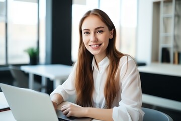 Wall Mural - Portrait of smiling businesswoman in the office looking at the camera. Young entrepreneur. Generative AI