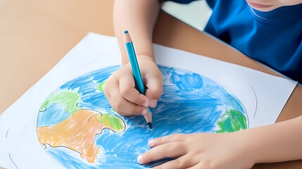 child drawing planet earth on white paper. concept of earth day, or environmental and water preservation