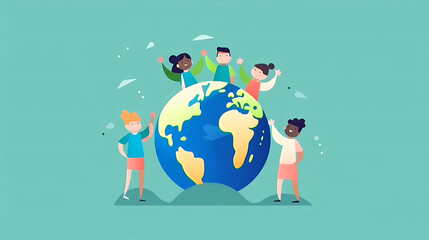 children playing together with planet earth. concept illustration of earth day and environmental pre