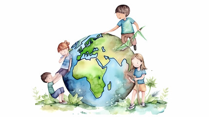 children playing together with planet earth. concept illustration of earth day and environmental pre