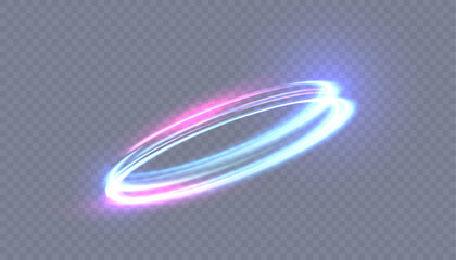 Abstract neon blue-violet ring. A bright plume of luminous rays swirling in a fast spiraling motion. Light golden swirl. Curve gold line light effect. Vector