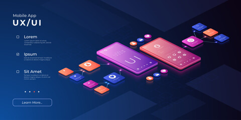 UI UX design. Mobile prototype. 3D user experience interface. Digital technology. Smartphone application management. Electronic devices. Phone app control. Vector web banner template