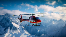 Rescue Helicopter Flies Over Snowy Mountains