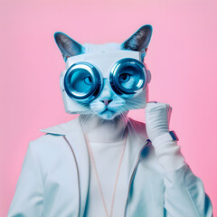 Wall Mural - Fashionable portrait of anthropomorphic cute cat dj illustration, Generative AI