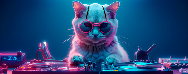 Wall Mural - Fashionable portrait of anthropomorphic cute cat dj illustration, Generative AI