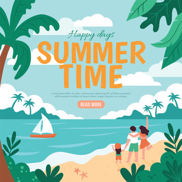 Wall Mural - Summer beach, blue ocean water, family event. Sunny palms and vacation shopping, palm trees, sea travel, man and woman on seashore, tropical island resort. Vector illustration banner template