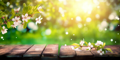 Spring background with empty wooden table. Natural template for product display with cherry blossoms bokeh and sunlight. generative ai. Empty wooden table in spring blooming cherry orchard.