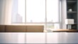 © Natee Meepian - Front view of empty table in the living room in the morning with blurred background. Generative AI