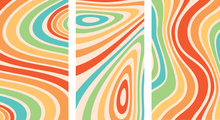 Groovy 70s backgrounds. Set of three vector waves pattern in retro psychedelic style. 