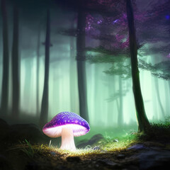 Wall Mural - A glowing mushroom in a dark forest, concept art illustration wallpaper