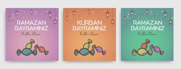 Holy Month of Muslim Community Ramadan Kareem, Feast of the Sacrifice greeting card, social media template, poster.(Turkish translation: Ramazan Bayramınız kutlu olsun. Kurban Bayramınız kutlu olsun.)