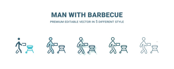 man with barbecue icon in 5 different style. Outline, filled, two color, thin man with barbecue icon isolated on white background. Editable vector can be used web and mobile