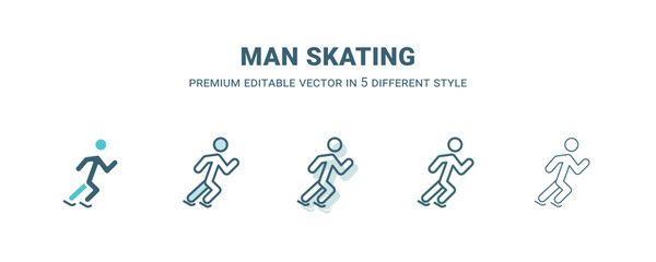 man skating icon in 5 different style. Outline, filled, two color, thin man skating icon isolated on white background. Editable vector can be used web and mobile