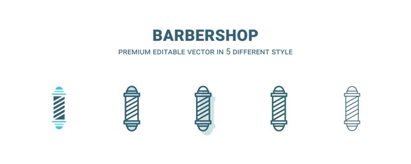 Poster - barbershop icon in 5 different style. Outline, filled, two color, thin barbershop icon isolated on white background. Editable vector can be used web and mobile