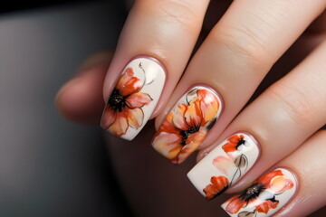 realistic photo of red floral nail art on hand, made with generative ai