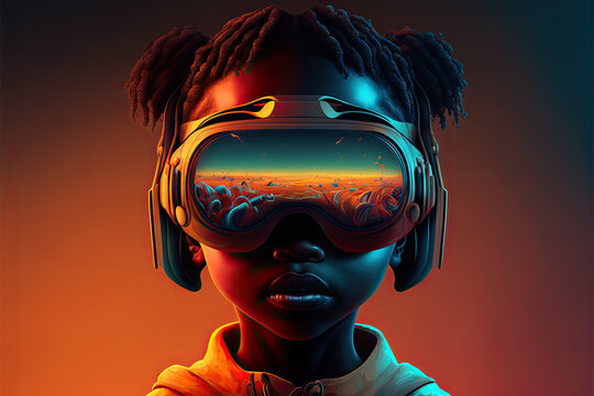 Kids and Metaverse, Black African Child with VR headset in fantasy world, cyber world, virtual reality. The future of children, generation alpha, Metaverse, digital technology concept. Generative AI.