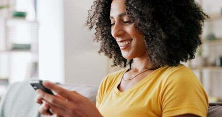 Poster - Smartphone, black woman scroll social media and communication, typing in chat and online while at home. Female relax in living room, technology and using phone with mobile app, email and contact