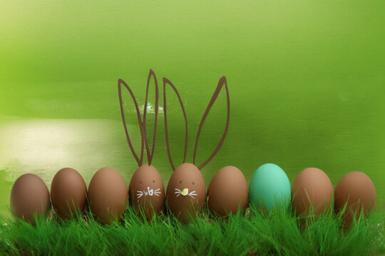 chocolate day with brown eggs with drawn bunny ear and face and beautiful green background