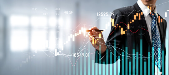 Wall Mural - Businessman analyst working with digital finance business data graph showing technology of investment strategy for perceptive financial business decision. Digital economic analysis technology concept.