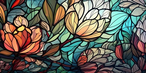 Wall Mural - Floral background natural pattern concept wallpaper background stained glass, Generative IA