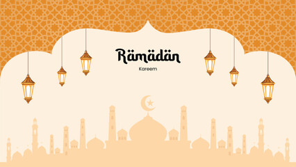 Ramadan Kareem greeting card with calligraphy. Vector illustration of islamic holiday symbols.