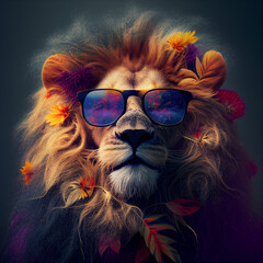 Wall Mural - Head and shoulder portrait of fashionable lion with sunglasses and flowers