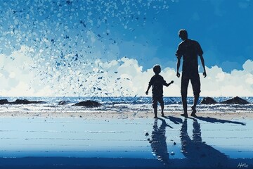 Silhouette of father and son playing on the blue beach