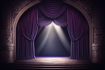 Wall Mural - empty musical theater stage with purple curtains Show Spotlight on stage, Theatre interior empty wooden scene, luxury velvet drapes by ai generative