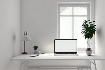 Wall Mural - Interior room has a table with laptop on empty white wall background, Room. Generative Ai