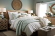 © create interior - Coastal Bedroom: Create a bedroom with a coastal - inspired design, using a mix of cool blues and greens, natural textures, and ocean - themed decor.Generative AI