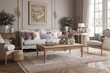 French Country Living Room: Create a living room with a French Country - inspired design, using soft colors, natural materials, and rustic details. Generative AI