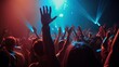 © YuDwi Studio - Rear view of crowd with arms outstretched at night club concert, blue purple light background by ai generative