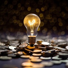 Light bulb with coins, energy prices concept, Ai Generative.