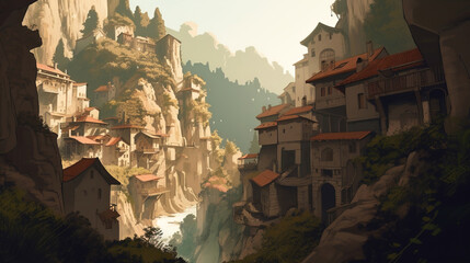 Wall Mural - Fantasy landscape scene. game design inspiration. sketch art for artist creativity and inspiration. generative AI