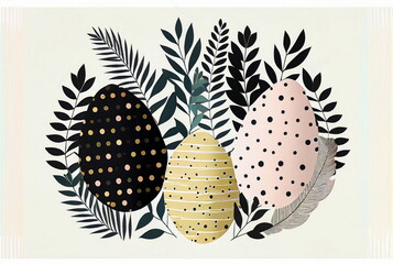 Wall Mural - vector simple Easter eggs composition hand drawn black on white background. Decorative horizontal stripe from eggs with leaves and watercolor