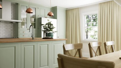 Wall Mural - Green kitchen interior with island. Stylish kitchen with wooden worktop.