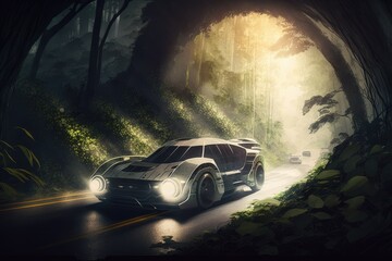 Poster - futuristic car on highway surrounded by dense forest, with sunlight breaking through the trees, created with generative ai