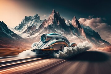 Wall Mural - futuristic car speeding past mountain range, with the peaks in the background, created with generative ai