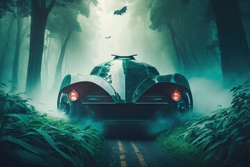 Poster - futuristic car driving through lush forest, with majestic trees and mist in the air, created with generative ai