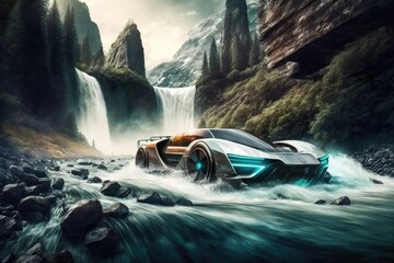 Poster - futuristic car speeding past a rushing river, with the waterfalls in the background, created with generative ai