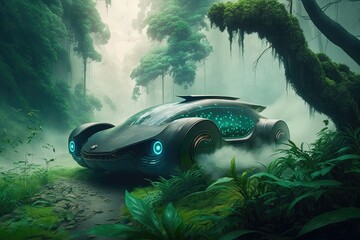 Sticker - futuristic car drives through lush green rainforest, with the misty clouds in the background, created with generative ai