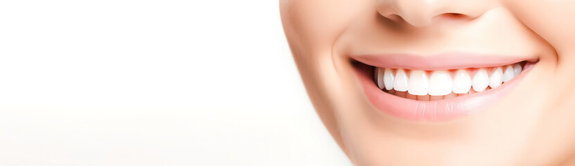 Wall Mural - Banner tooth whitening, perfect white teeth close up bleach color, female veneer smile, dental care and stomatology, dentistry, copyspace for text. generative ai