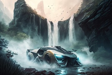 Sticker - futuristic car speeds past a waterfall with its misty spray visible in the background, created with generative ai