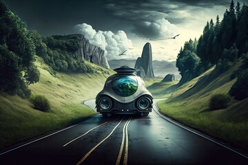 Wall Mural - futuristic car traveling on a windy mountain road, with the view of rolling hills and tall trees, created with generative ai