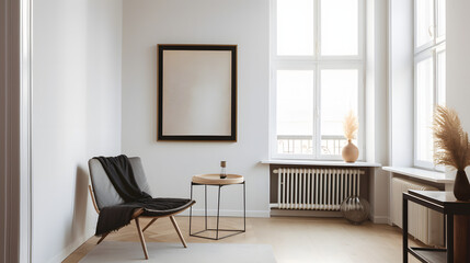 a photograph of a blank framed A2 Poster on the wall of a stylish appartment