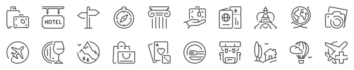 travel, tourism and destinations thin line icon set 1 of 2. symbol collection in transparent backgro