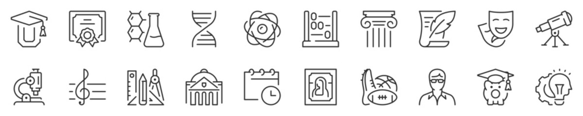 Academic subjects and education thin line icon set 2 of 2. Symbol collection in transparent background. Editable vector stroke. 512x512 Pixel Perfect.